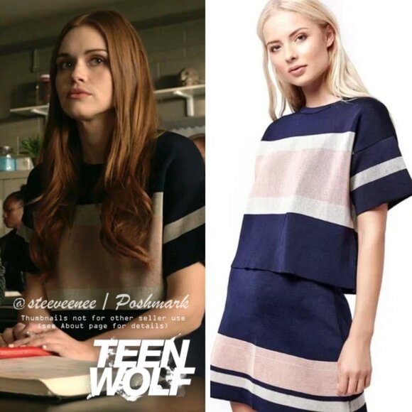 Topshop Navy Striped Boxy Tee ASO Ly­dia Mar­tin Teen Wolf - Picture 2 of 13